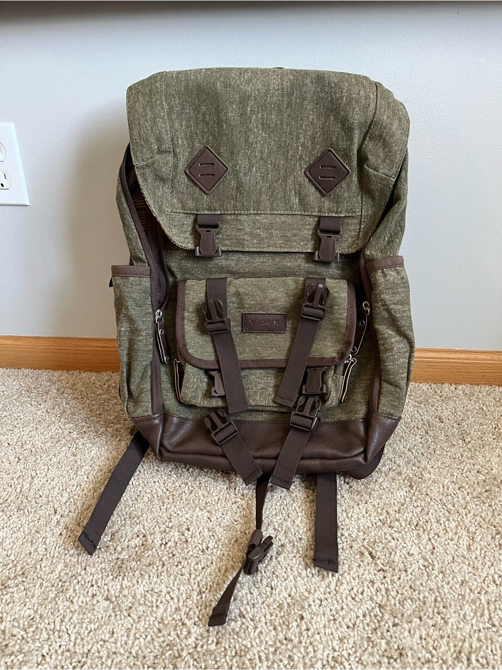 Bondka Olive Green Canvas Backpack with Brown Trim - Women's Everyday Pack